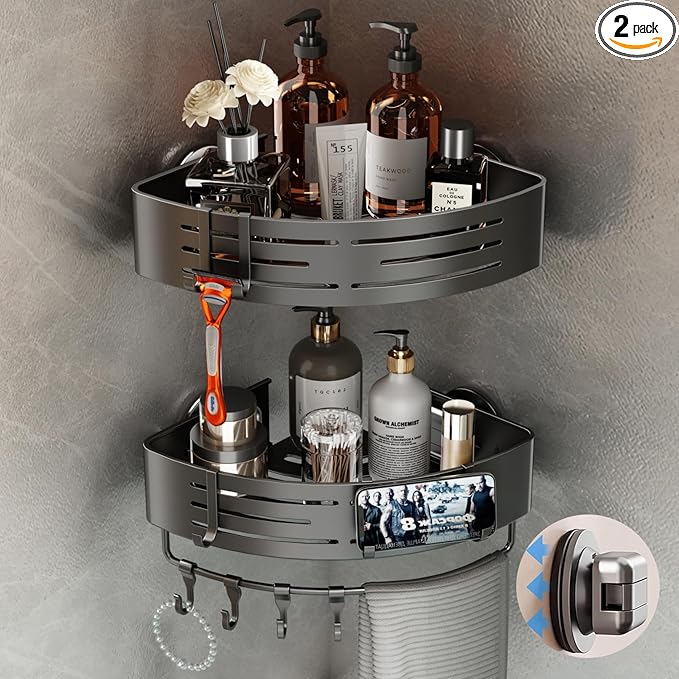Voldra Corner Shower Caddy Suction Cup, Corner Shower Shelves No Drilling, Aluminum Upgrade Suction Cup Shower Organizer with Towel Bar & Hooks Removable Bathroom Storage Rack(2 Pack, Matte Gray)