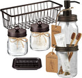 SheeChung 6Pcs Mason Jars Bathroom Accessories Set Complete - Toothbrush Holder, Lotion Soap Dispenser, 2 Mason Jars, Soap Dish, Toilet Paper Basket, Rustic Farmhouse Decor (Brown, 6Pcs Bathroom Set)
