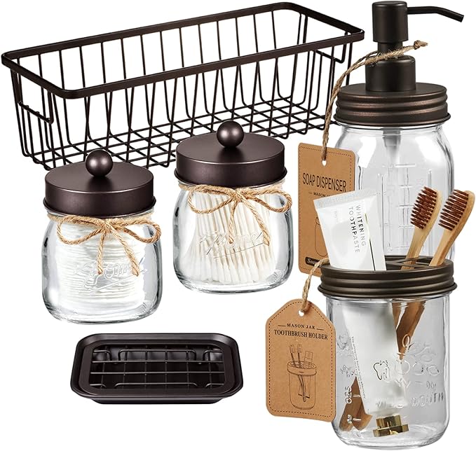 SheeChung 6Pcs Mason Jars Bathroom Accessories Set Complete - Toothbrush Holder, Lotion Soap Dispenser, 2 Mason Jars, Soap Dish, Toilet Paper Basket, Rustic Farmhouse Decor (Brown, 6Pcs Bathroom Set)