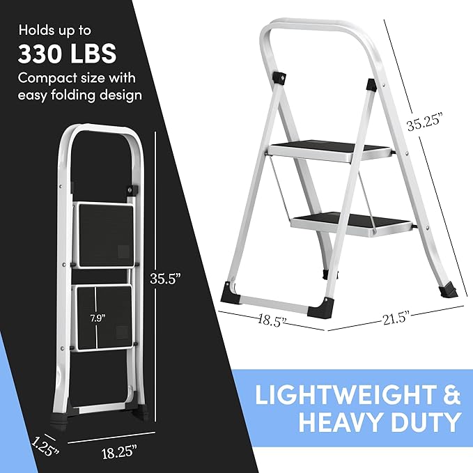 2-Step Ladder with Wide Anti-Slip Platform & Thick Rubber Feet | Heavy Duty Foldable & Portable | 330 lbs Capacity, Steel Frame, Rubber Handgrip, Folding Step Stool