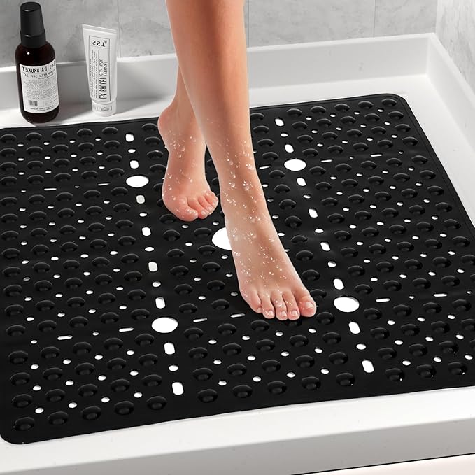 Large Square Shower Mat 27 x 27 Inch Black, Non Slip Shower Bathtub Mats for Inside Shower With Big Suction Cups Drain Holes, Anti Slip Bathroom Floor Shower Stall Mats, Easy Clean, BPA-Free