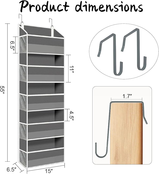 Over The Door Storage Organizer – 15 Pockets (5 Large + 10 Mesh Side Pockets), Heavy Duty 44lbs Capacity Closet Storage for Bedroom & Dorm, Behind The Door Hanging Rack for Shoes, Toys.