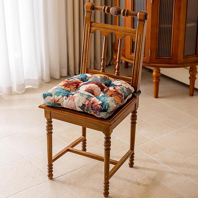 vctops Farmhouse Floral Print Chair Cushions with Ties U-Shaped Soft Comfortable Chair Pads Non Slip Seat Cushions for Indoor Dining Room and Kitchen Chairs (Flower E,16"x16")