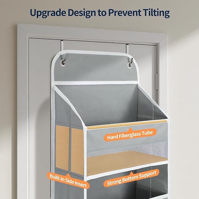 Yecaye Over The Door Organizer, Heavy Duty Hanging Organizers and Storage with 4 Large Capacity Pockets, Swing-Proof Behind The Door Storage for Bathroom Nursery Bedroom Dorm Closet, Grey,1Pc