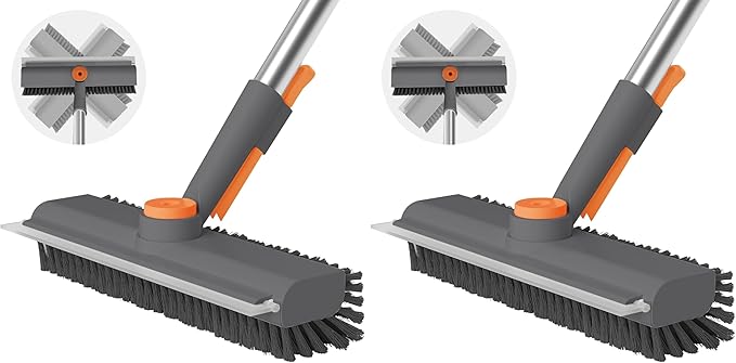 Floor Scrub Brush with Long Handle, 3 in 1 Scrape and Heavy-Duty Stiff Bristle Scrubber Brush for Cleaning Shower Bathroom, Patio, Pool, Garage, Kitchen, Wall and Deck (Gray, 2 Pack)