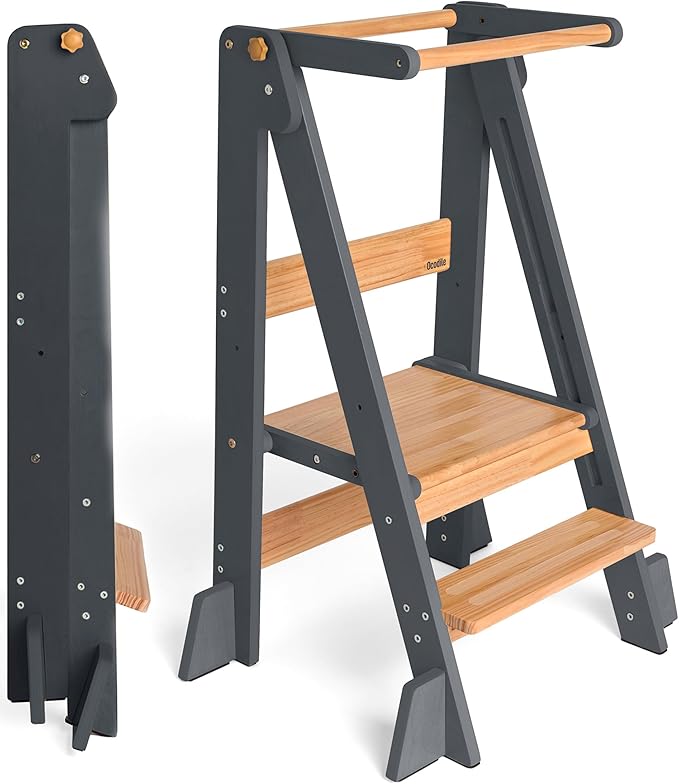 OCODILE Adjustable Foldable Toddler Tower – Folding Tower for Kids | Montessori Toddler Kitchen Step Stool Helper for Independence - Gray