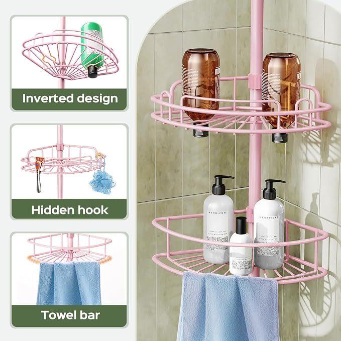 HAMITOR Corner Shower Caddy Tension Pole: 4-Tier Rust-Resistant Adjustable Bathroom Organizer Shelves - 47-121 Inch No-Drill Quick Installation - Space-Saving Storage for Renters Family - Pink