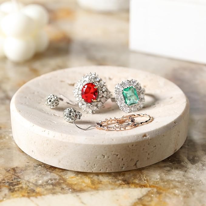 Koville Marble Jewelry Dish, Small Round Trinket Dish for Ring Necklace Earring, 4" Decorative Dish, Natural Stone Soap Dish for Bathroom Kitchen