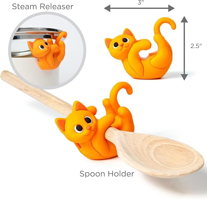 Orange Cat Spoon Rest for Stove Top – Silicone Pot Clip Utensil Holder & Lid Lifter – Funny Kitchen Gadget, Unique Orange Tabby Cat Gifts for Women – 3" x 2.5"