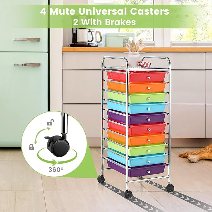 10-Drawer Rolling Storage Cart, Trolley w/Lockable 360° Wheels, 10 Removable PP Drawers, Sturdy Metal Frame, Rolling Utility Cart Perfect for Home, Office, Classroom (Multi-Colored)
