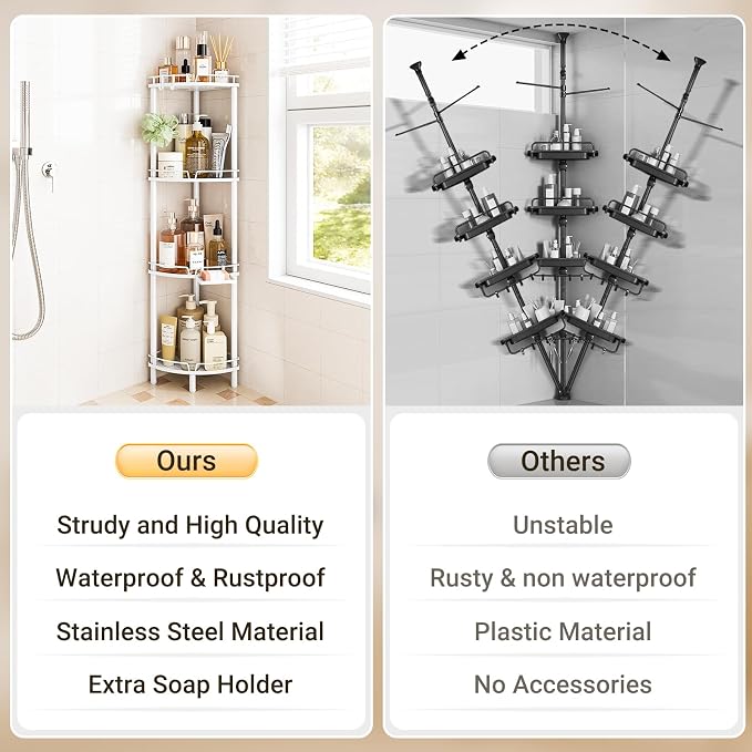 ELYKEN Corner Shower Caddy Standing, 4 Tier Rustproof Metal Shower Organizer with Soap Holder, Floor Shower Corner Shelf Rack Storage Stands with Adjustable Feet & 2 Hooks for Bathroom, White