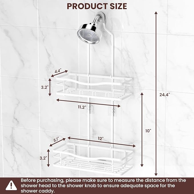 REINHARDT Shower Caddy Hanging, Rustproof Shower Caddy Anti-Swing Shower Organizer No Drilling Showers Racks with Soap Holder Multi Hooks Bathroom Storage for Shampoo Sponge, White