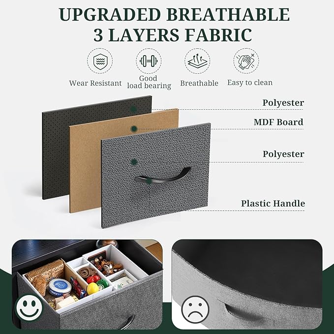 9-Drawer Dresser for Bedroom, Anti-Tip Tall Storage Organizer Chest of Drawers with Wooden Top and Metal Frame Fabric Bins for Closet, Living Room, Hallway, Entryway, Gray