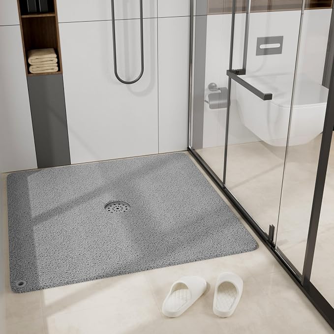 HITSLAM Shower Mat, 32x32 Inch Square Non Slip Bathtub Mat, Soft PVC Loofah Bath Mat for Tub with Hanging Holes, Quick Drying Shower Floor Mat, Without Suction Cups, Grey