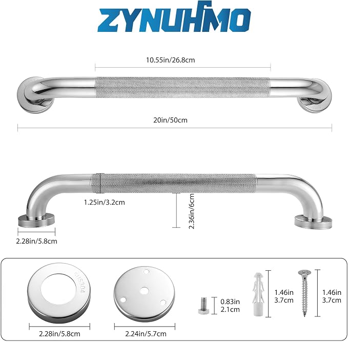 Grab Bars for Shower, Zynuhmo 2 Pack 20 Inch Anti Slip Bathroom Safety Grab Bar 1.25" Diameter Stainless Steel Shower Handrail for Handicap Injury Pregnant Senior Assist Shower Handle(Polished Nickel)