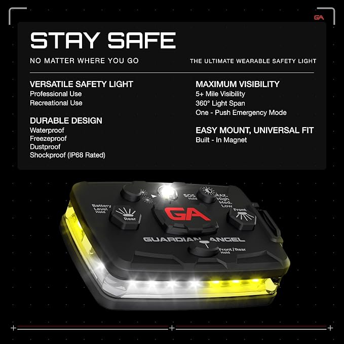 Guardian Angel Elite Series Safety Light - White/Yellow Front & White/Yellow Rear - Rechargeable, Magnetic, Hands-Free Wearable LED Light for Construction, Roadside, Utility & Industrial PPE