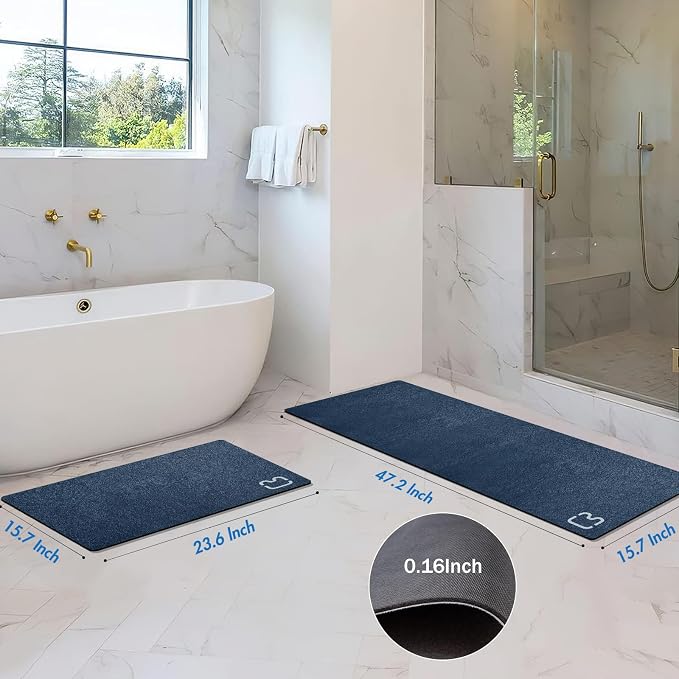 RUERYA Navy Bathroom Rug Set, 2 Piece Diatomaceous Earth Bath Mats Non Slip Absorbent Quick Dry Thin, 15.7X 23.6 + 15.7X 47.2 Inch