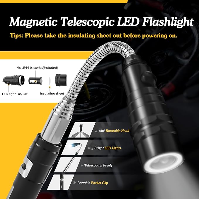 Housolution 360° Flexible Magnetic Flashlight, 32" Telescoping Magnetic Pickup Tool, Gift for Mens, 1&15lbs Magnet Stick, 35” Inspection Mirror Adjustable, Birthday Gifts for Husband, Dad, Father