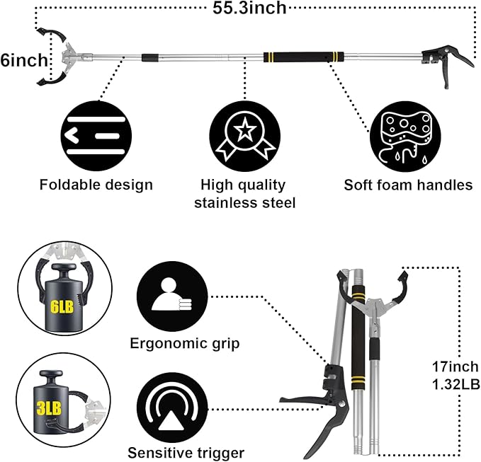 Grabber Reacher Tool Extra Long, 55" Trash Picker Upper Grabber Heavy Duty Stainless Steel Thickened Non-Slip 6 inch Wide Jaws Claw Reaching Tool Foldable Pick up Stick Grabber. (55inch)