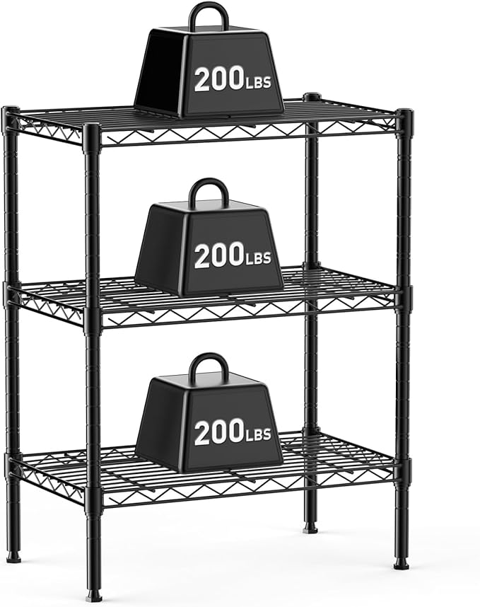 DUMOS 3-Tier Metal Wire Storage Shelves, Adjustable Standing Storage Rack Shelf, Heavy Duty Steel Shelving Unit Organizers for Kitchen Bathroom Pantry Garage, 23.3" Wx13.4 Dx30 H, Black