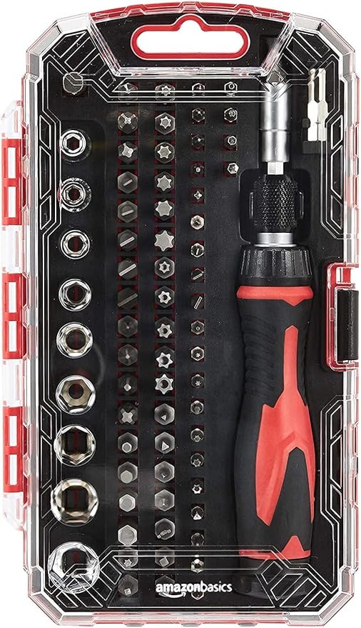 Amazon Basics Magnetic Ratcheting Wrench and Electronics Precision Screwdriver Tool Set, 73-Piece, with Carry Case for Household Repair, Small Jobs, Eyeglasses, Black/Red/Silver
