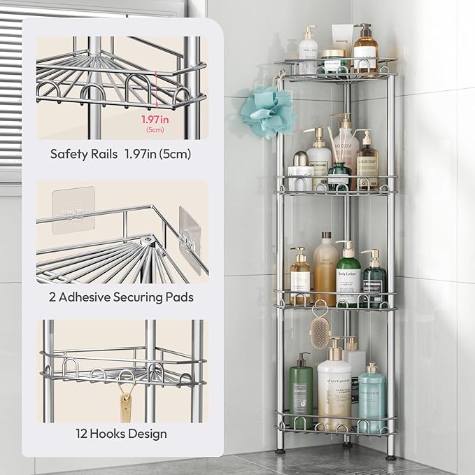 SWTYMIKI Standing Shower Caddy Corner - 4‑Tier Stainless Steel Shower Organizer Shelf with 12 Hooks and Adhesive Pads, Rustproof Corner Shelves Stand Rack for Bathroom Shower Room, Silver
