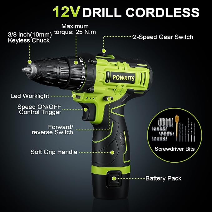 Cordless Drill Tool Set: 12V Power Drill Tool Kit with Battery & Charger, Portable Household Basic Drills Case for Men & Women, Homeowner, Diyer, Handyman, Electric Drill Set 142 Piece, Green