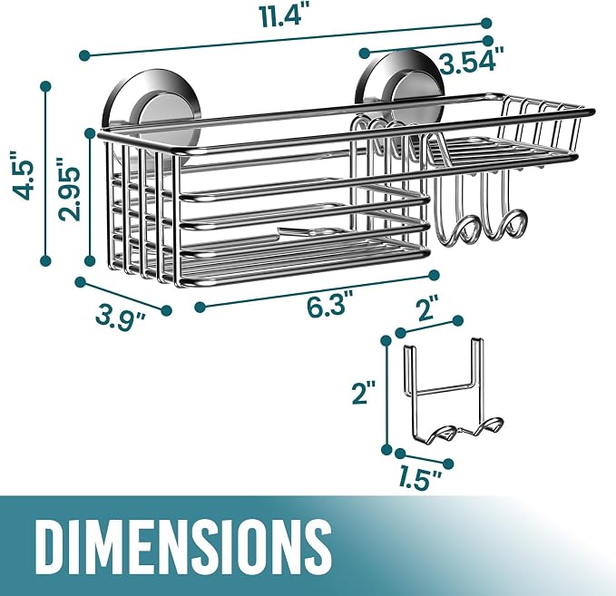 TAILI Shower Caddy with Suction Cups, Wall Mounted Organizer for Small Bathrooms, Kitchen, Removable Drill-Free Heavy Duty Shelf Basket, Silver