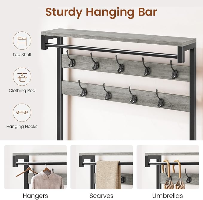 Itaar Coat Rack, Hall Tree with Bench and Shoe Storage, 7-in-1 Entryway Bench with Soft Cushion, Storage Bag, 3 Fabric Drawers(Grey)