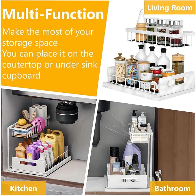 Ceetug Under Sink Organizers and Storage 2 Tier Slide Out Kitchen Cabinet Organizer Sturdy Metal Bathroom Storage (White, 2 Pack)