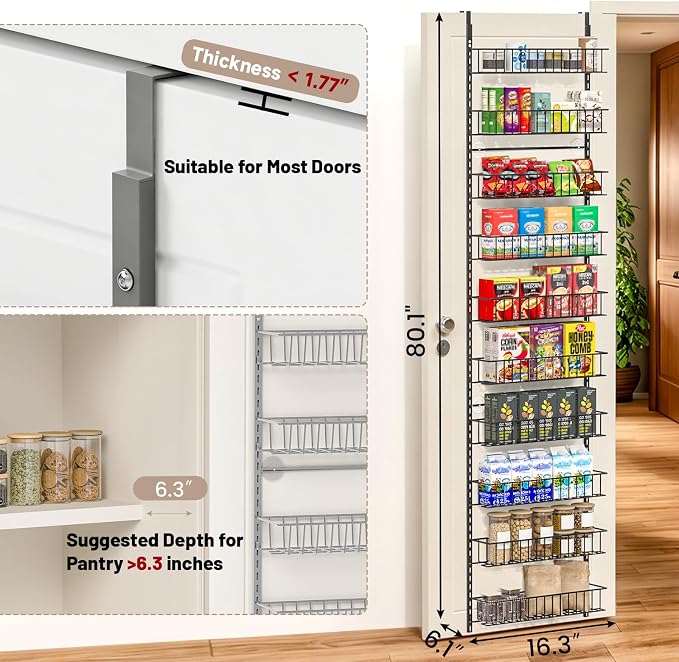 ElegantArray 10-Tier Pantry Door Oragnizer, Over The Door Pantry Organizer Rack and Storage, Hanging Spice Rack Shelves Door, Home Office Laundry Room Bathroom & Kitchen Organization, Light Gray