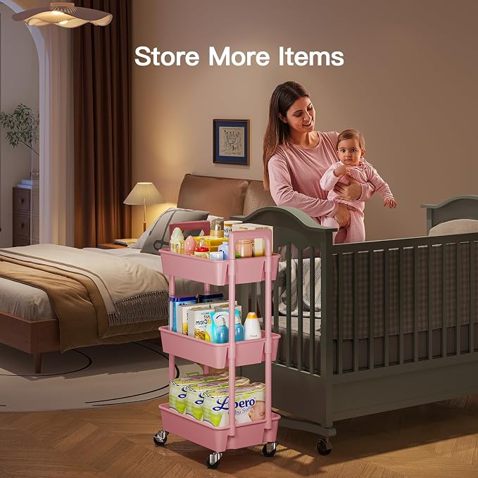 Pipishell 3 Tier Rolling Cart Organizer, Plastic Rolling Cart with Lockable Wheels & Reinforced Handle, Lightweight Utility Storage Cart for Nursery, Kitchen, Craft Room, Pink