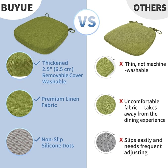 BUYUE Thickened 2.5" Dining Chair Cushions Set of 4, U-Shape High Density Foam Comfortable Chair Pads for Kitchen, Slip Resistant Indoor Seat Cushions (4 PCS, Grass Green)