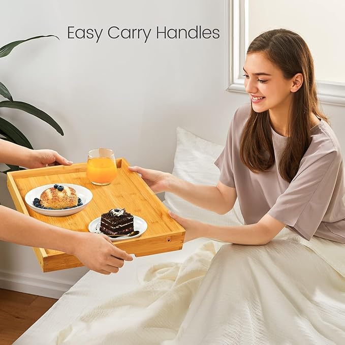 Bamboo Bed Tray Table, Large Breakfast Tray with Folding Legs, Multipurpose Serving Tray Use As Portable Laptop Snack Table, for Working, Eating, Reading by Pipishell