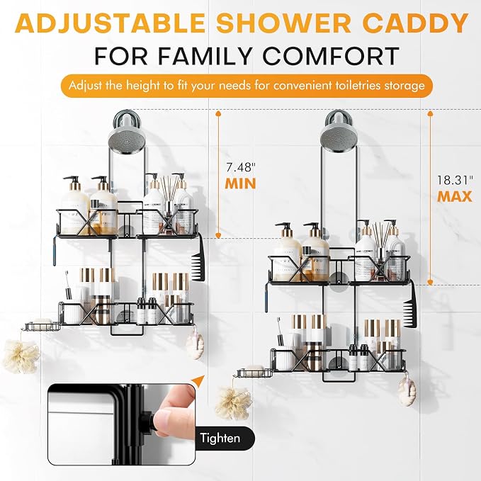 Adjustable Height Shower Caddy Hanging for Handheld Shower Heads, Shower Racks with Soap Holder 8 Hooks, No-Drilling, Anti-Swing, Bathroom Storage Shower Organizer