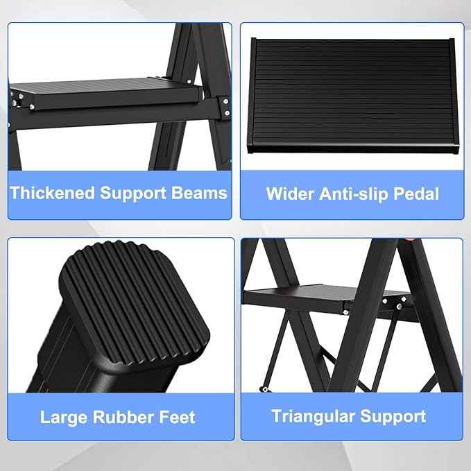 4 Step Ladder,Extendable Single-Handrail Lightweight Aluminum Step Ladder 4 Step Folding,600lbs Max Load Capacity for Household,Kitchen,Office (Blue)