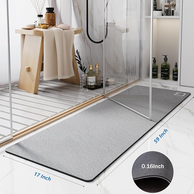 RUERYA Grey Bath Mat 17" x 59" Extra Long Bathroom Mat Large Fast Dry Super Absorbent Non-Slip Rubber Backed Shower Mat Bath Rugs Mats for Bathroom Floor, Tub, Shower, Sink, Gray