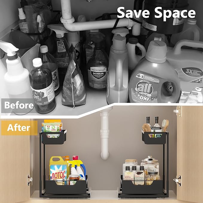 Ceetug Under Kitchen Sink Organizers and Storage Pull Out 2 Tier Metal Bathroom Cabinet Organizer (Black, 1 Pack)
