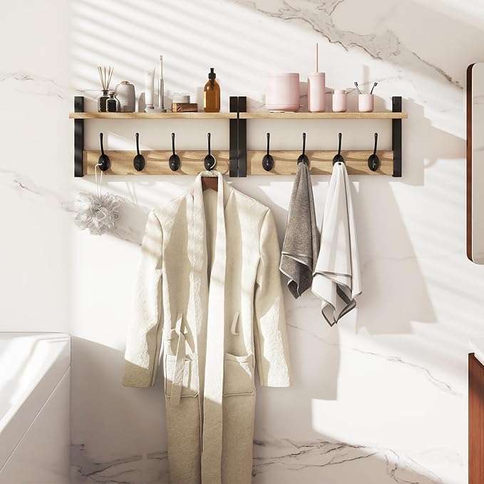 YMYNY 31.5" Coat Rack Wall Mount with Shelf, 2 in 1 Key and Coat Hanger with 8 Metal Hooks, Wall Shelf with Hooks & Mail Holder for Living Room, Bedroom, Light Natural, HWS001R-2