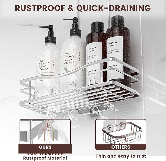 REINHARDT Shower Caddy Hanging, Rustproof Shower Caddy Anti-Swing Shower Organizer Over Showerhead No Drilling Shower Racks with Soap Holder Multi Hooks Bathroom Storage for Shampoo Sponge, Silver