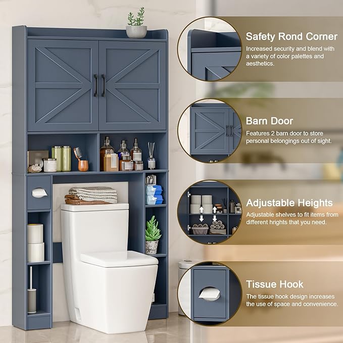 Over The Toilet Storage Cabinet, Farmhouse Toilet Cabinet Rack with Barn Doors, Space Saving Bathroom Organizer with Shelves, Toilet Paper Holder and Towel Rack for Bathroom,Restroom,Laundry,Blue