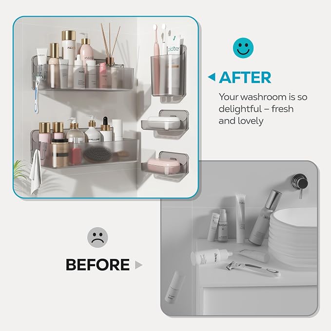 Nieifi Adhesive Wall Shelf, Shower Shelves, Shower Organizer for Bathroom Organization (Gray-Clear, 5 pieces)