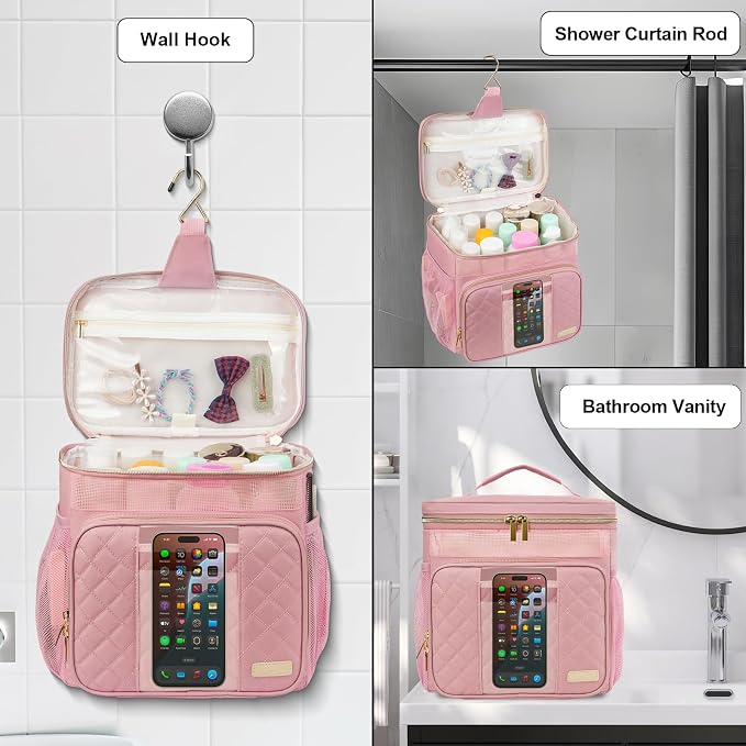 Portable Shower Caddy College Dorm Essentials (Full Size Bottle Compatible), Toiletry Bag for Women Men, Hanging Makeup Bag with Quickly Dry Mesh Base for Travel,Gym & Camping,Pink