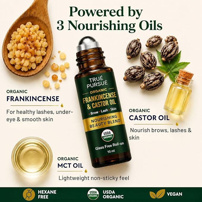 Organic Frankincense and Castor Oil Roll On – Eye Roller - 100% Pure and Natural Oil for Face, Dark Circles, Under Eye, Eyelashes, Eyebrows, Hair, Body & Skin Care Moisturizer – Hexane Free – 10 ml