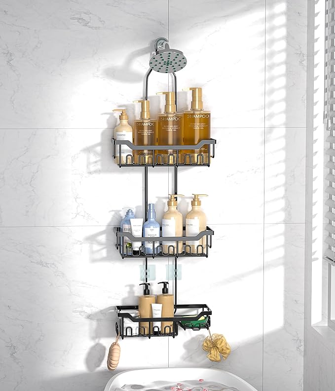 Adjustable Shower Caddy Hanging, Extended Length Organizer Over Shower Head, 3 Tier Long Neck Shower Rack with Soap Holder for Large Storage, Black