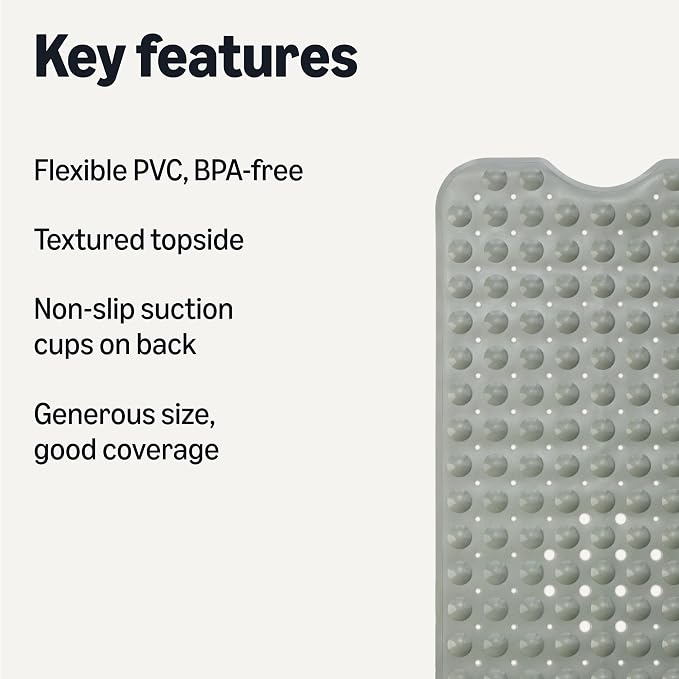 Amazon Basics Non-Slip Bath Mat with Suction Cups for Tub and Shower, Easy to Clean, 40" x 16", Grey