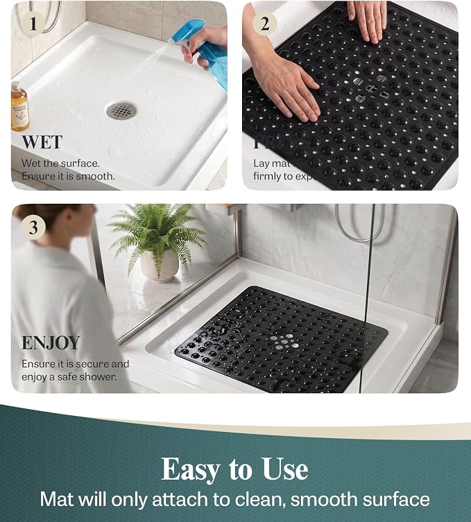 HITSLAM 21x21 Inch Square Shower Mat Non Slip, Anti Slip Bathtub Mat with Strong Suction Cups & Drainage Holes, Machine Washable Bathroom Floor Mat for Inside Shower Stall and Tub, Black