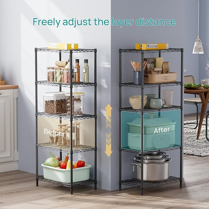 SINGAYE 5 Tier Storage Shelves Wire Shelving Unit Shelve Metal Kitchen Laundry Room Organization Home Pantry Closet Bathroom Organizers Garage Rack Estantes para Cocina 14" D x 24" W x 59.5" H Black