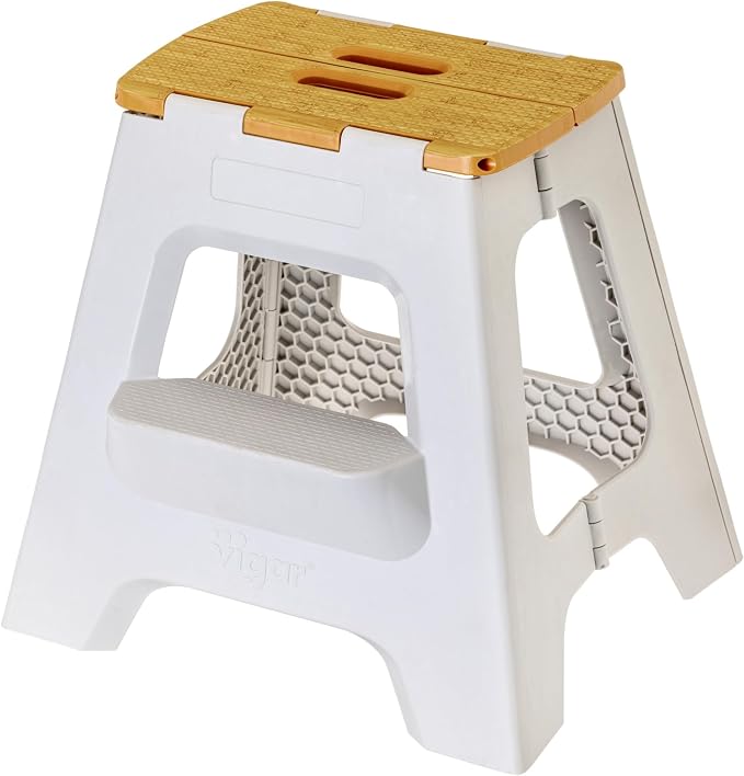 Vigar Compact Folding Step Stool - 16 Inch 2 Step Foldable Step Stool for Adults, Lightweight Portable Stool with Handle, Non Slip Step Stool, Space-Saving Stool up to 330 lb - Grey, Bamboo Print Top