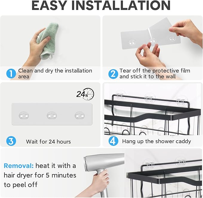 12 Pack Clear Plastic Shower Caddy Adhesive Hooks, Strong Adhesive, Waterproof, No Drilling, 12 Count, Modern Style, Suitable for Bathroom and Kitchen